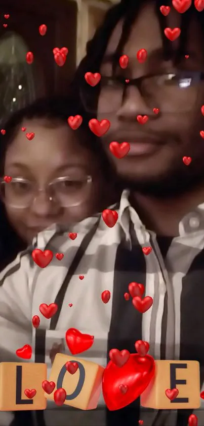 Couple surrounded by floating red hearts in romantic wallpaper.