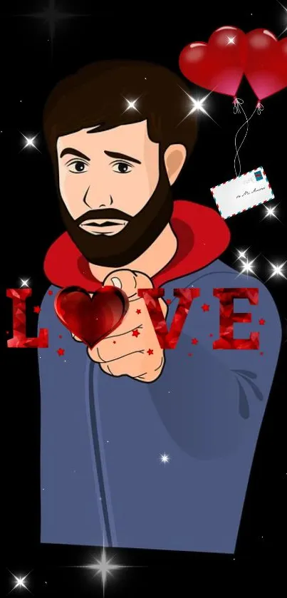 Cartoon man holding love heart on black mobile wallpaper.