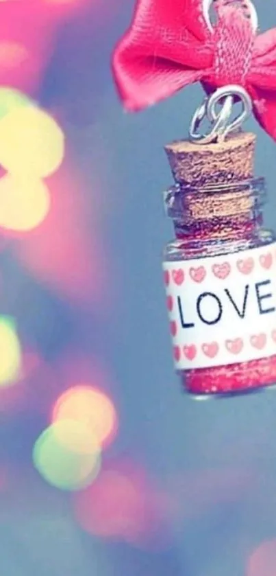 Romantic pink wallpaper with love jar and red bow.