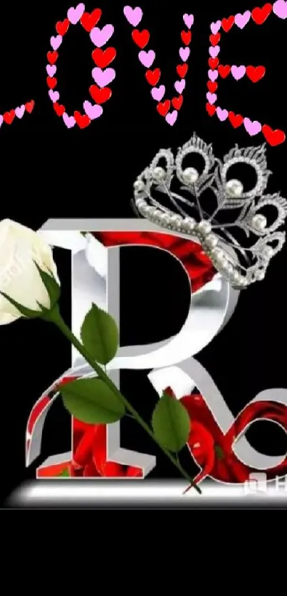 Romantic letter R wallpaper with love-themed design, rose, and crown on a black background.