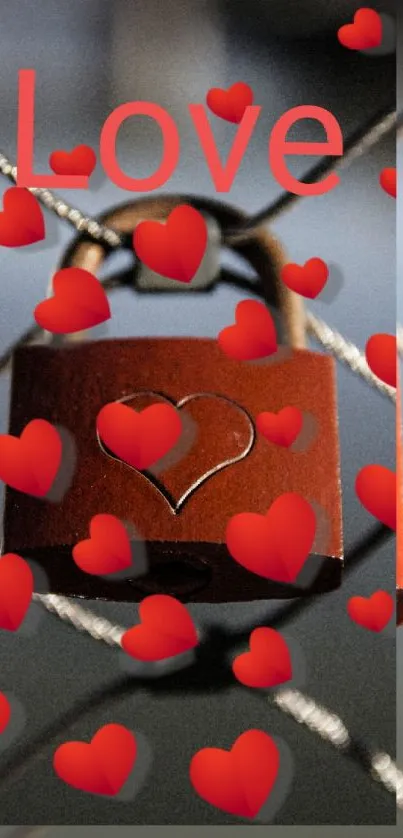 Romantic love lock wallpaper with red hearts.