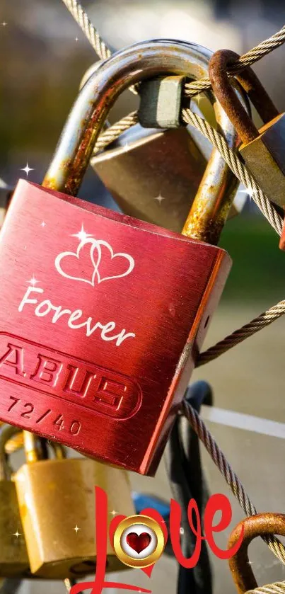 Romantic red love lock on bridge, symbolizing eternal affection.