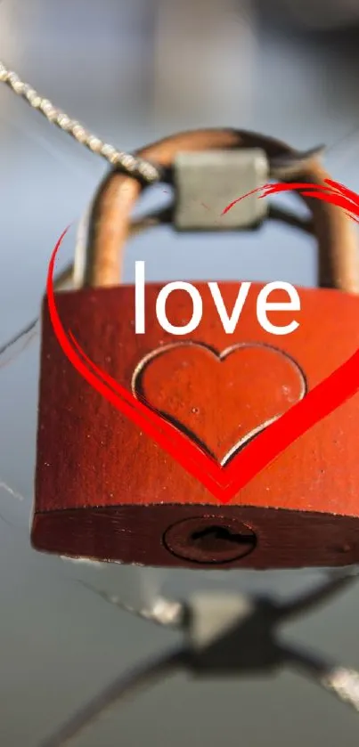 Red love lock on wire with heart design and 'love' text.