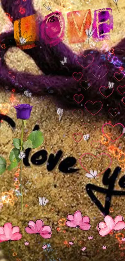 Romantic wallpaper with love message and purple rose accent.