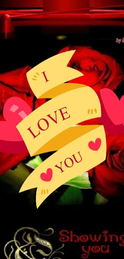 Romantic wallpaper with red roses and love message.