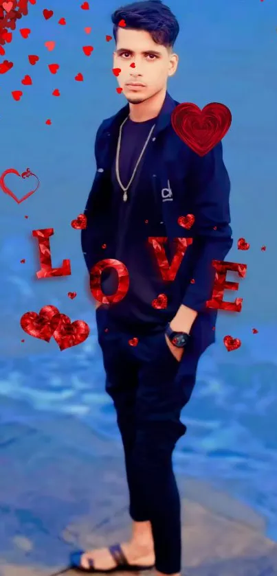 Man in stylish outfit with hearts and love motif background.