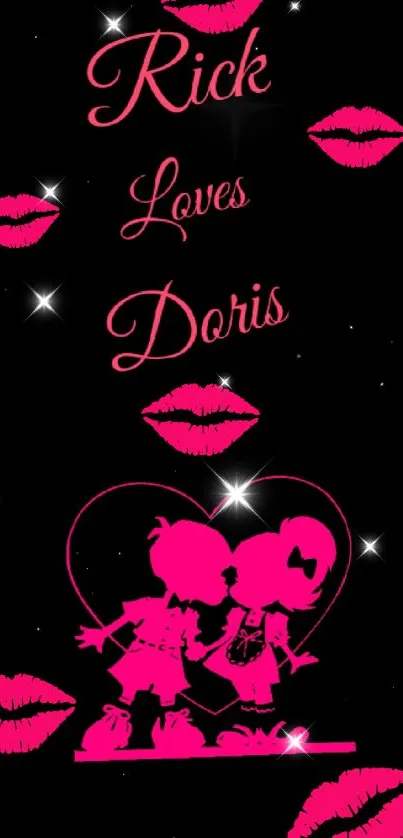 Romantic wallpaper with couple silhouette and pink kisses on black.