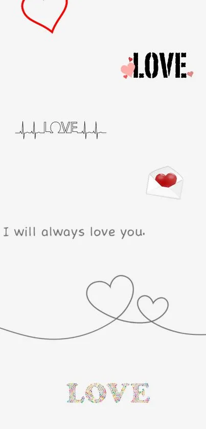 Romantic mobile wallpaper with love text and heart designs.