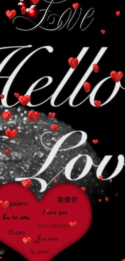 Romantic mobile wallpaper with 'Hello Love' text, hearts, and multilingual phrases.