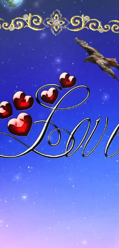 Romantic mobile wallpaper with love typography and red hearts on a blue background.