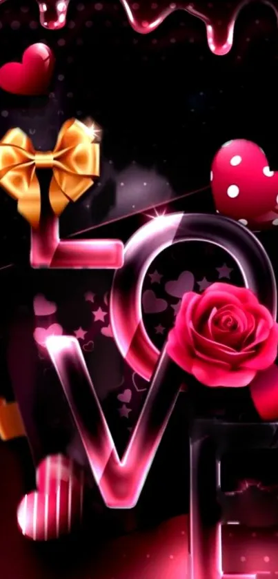 Romantic neon love wallpaper with hearts.