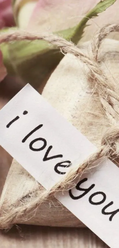 Romantic wallpaper with 'I love you' note tied to wood heart.