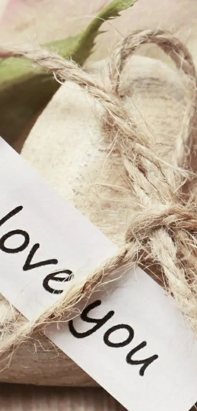 Romantic love note tied with twine on rustic background.