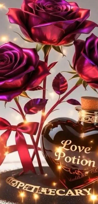 Romantic mobile wallpaper with roses and a love potion bottle.