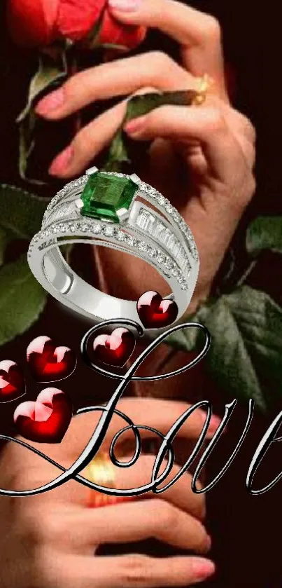 Romantic mobile wallpaper with a love-themed ring and rose.