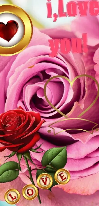 Pink rose love-themed wallpaper with heart decoration.