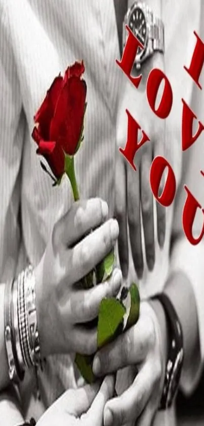 Romantic wallpaper with red rose and 'I Love You' text.