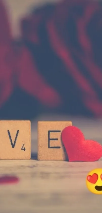 Love spelled with Scrabble tiles and reds roses background.