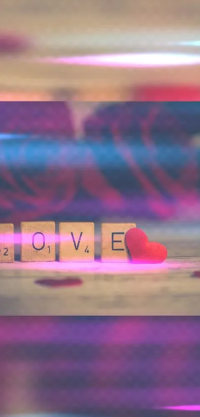 Romantic wallpaper with 'LOVE' spelled in Scrabble tiles and a heart.