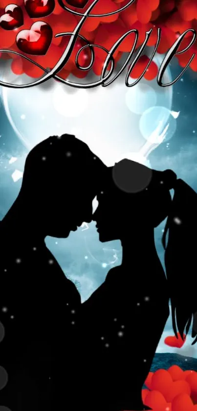 Romantic silhouette of couple with hearts and moonlit sky.