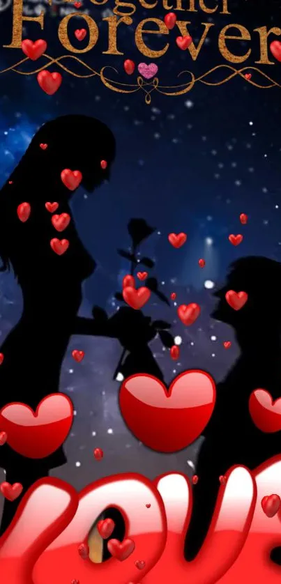 Romantic silhouette couple with hearts and 'Together Forever' text wallpaper.