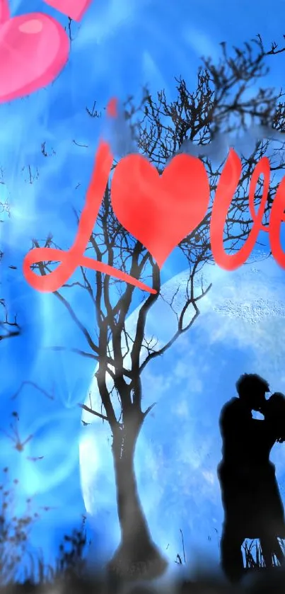 Silhouette couple kissing under moonlit sky with love text in vibrant colors.