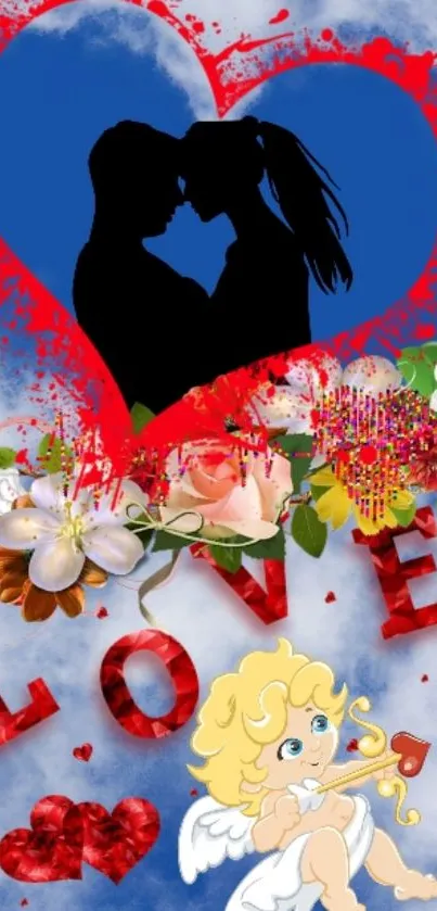 Romantic wallpaper featuring a couple's silhouette in a blue heart with flowers.