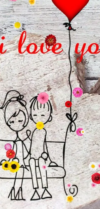 Romantic couple sketch with floral accents and red balloon on a mobile wallpaper.