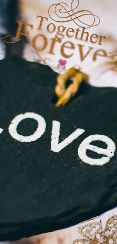 Black slate heart with Love inscribed and cursive Together Forever text.