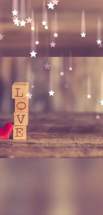 Romantic wooden love blocks with stars on mobile wallpaper.