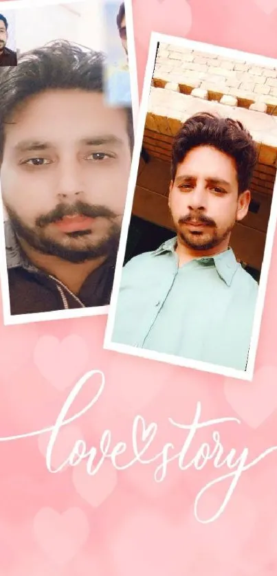 Romantic Love Story wallpaper with pink hearts and photo collage.