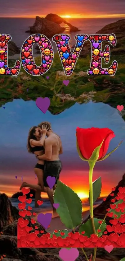 Romantic sunset wallpaper with couple embrace and rose.