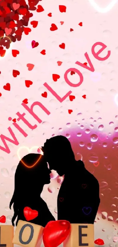 Romantic couple silhouette with hearts and love text in warm red tones.