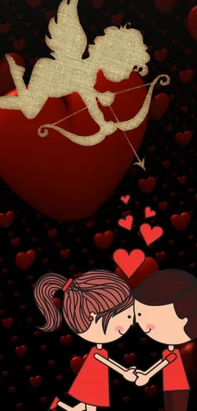 Romantic cartoon couple with cupid and hearts wallpaper.