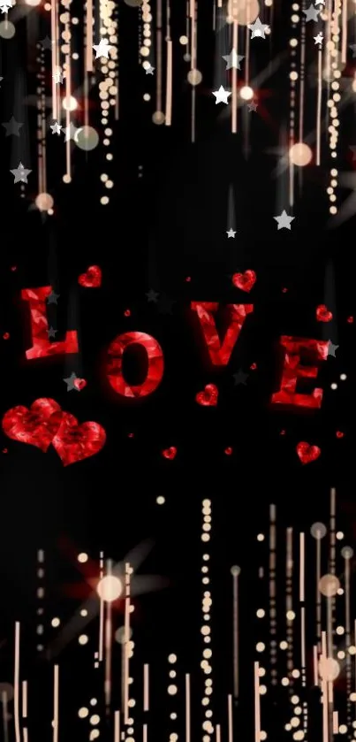 Love themed wallpaper with red hearts and glowing stars on a black background.