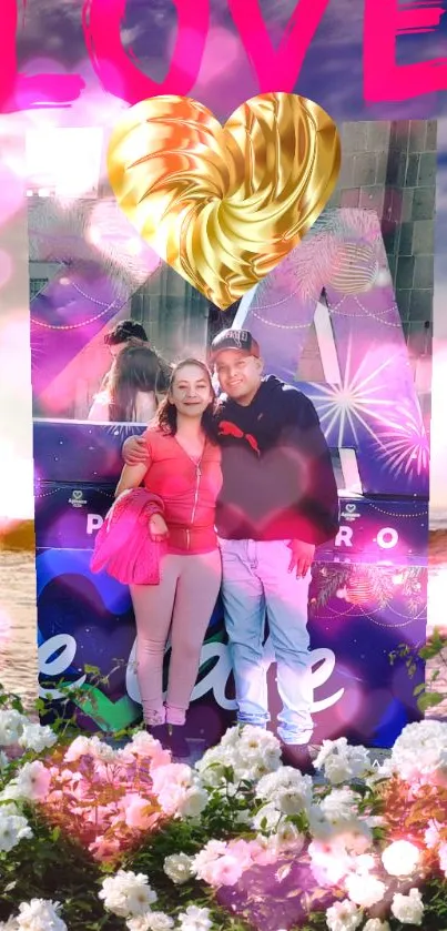 Romantic mobile wallpaper with couple and love theme in vibrant pink.