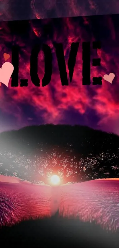 Romantic sunset with tree silhouette and 'LOVE' text wallpaper.