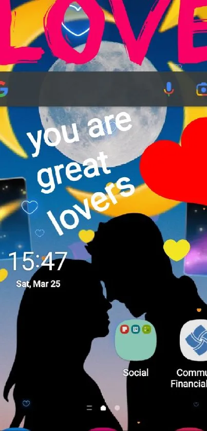 Silhouette couple with love, stars, and moon background.