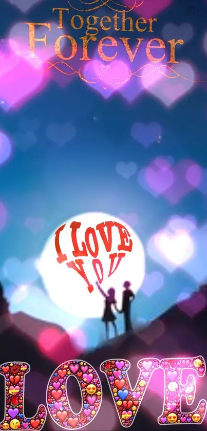 Romantic wallpaper with couple and vibrant hearts under a starry sky.