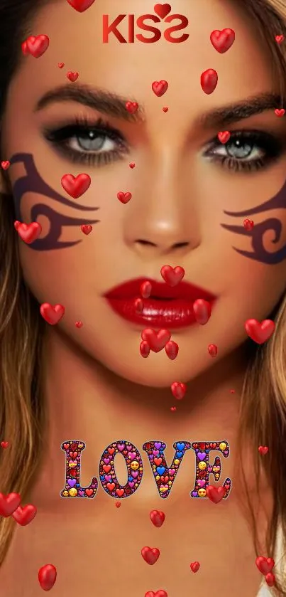 Romantic wallpaper with hearts and bold makeup, featuring the word 'Love'.