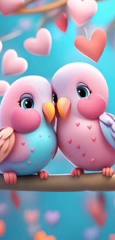 Romantic illustration of lovebirds with hearts for mobile wallpaper.