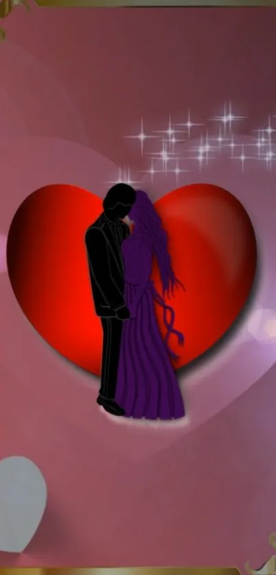 Silhouette couple in heart with sparkles wallpaper.