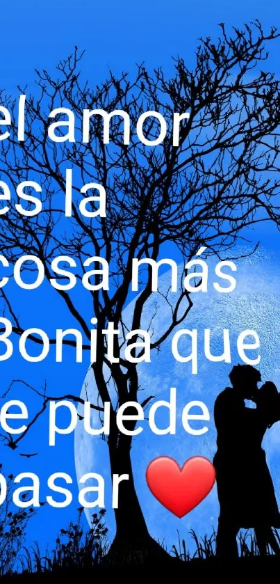 Silhouette of couple kissing under tree with love text and blue sky background.