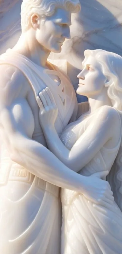 Marble sculpture of romantic couple embracing elegantly.