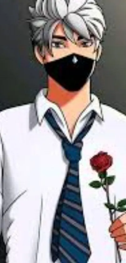 Anime character in white shirt with rose and hearts, wearing a mask.