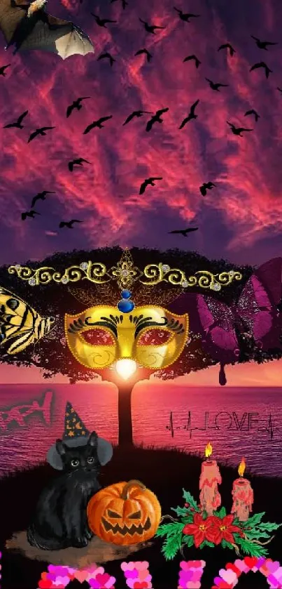 Romantic purple sunset with mask and love design.