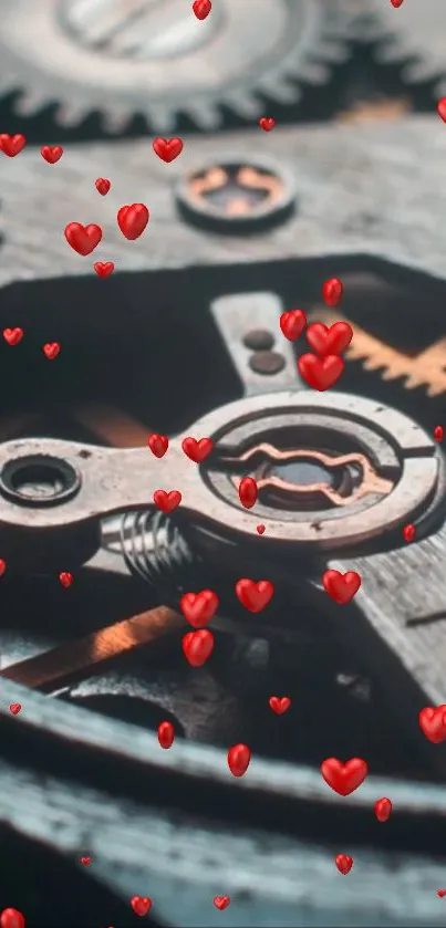 Mechanical gears with red hearts mobile wallpaper.