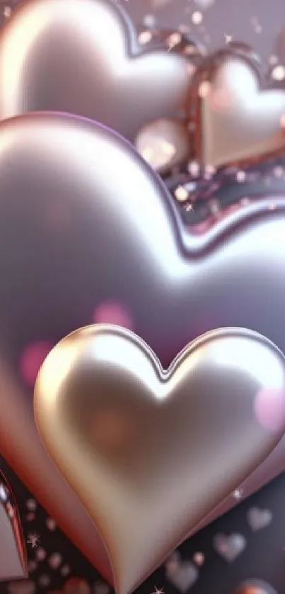 3D metallic hearts mobile wallpaper with romantic glowing effects.