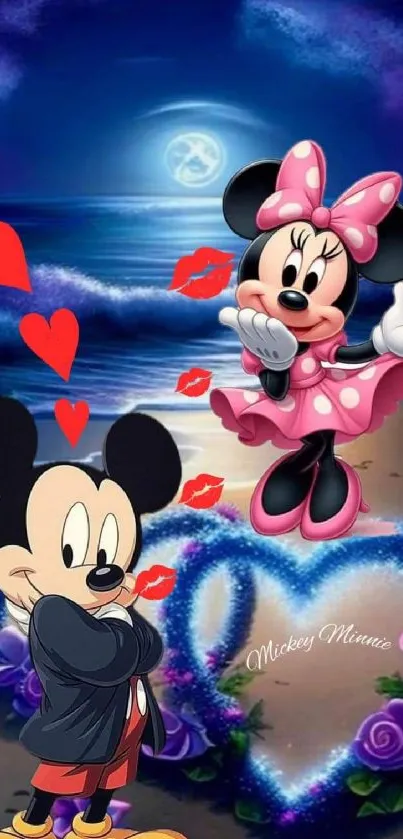 Romantic Mickey and Minnie Mouse under moonlit beach scene.