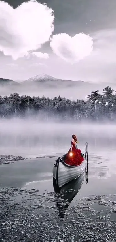 Woman in red dress on a misty lake with heart-shaped clouds above.